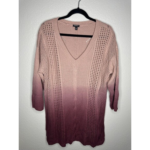 Torrid Sweater Womens 2X Pink Ombre V Neck Open Knit 3/4 Sleeve Cable Tunic - Picture 1 of 5